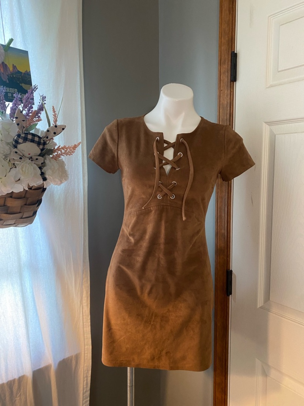 Express Lace-Up Faux Suede Mini Dress in Brown